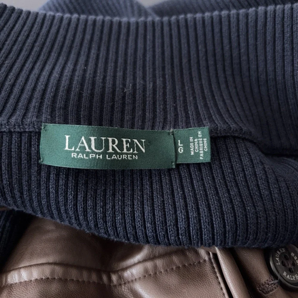Lauren Ralph Lauren Faux Leather Cardigan Womens Large Blue Brown Sweater